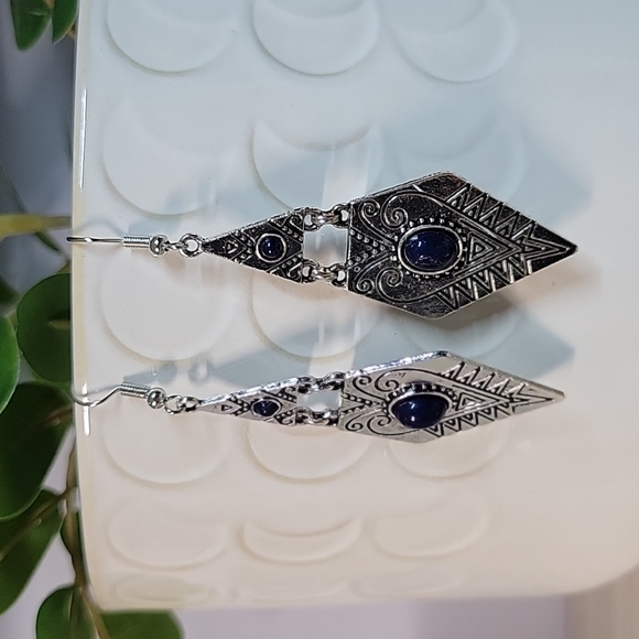 Lapis Geometric Aztec Scrolled Hinge Dangle Earrings - Picture 3 of 8